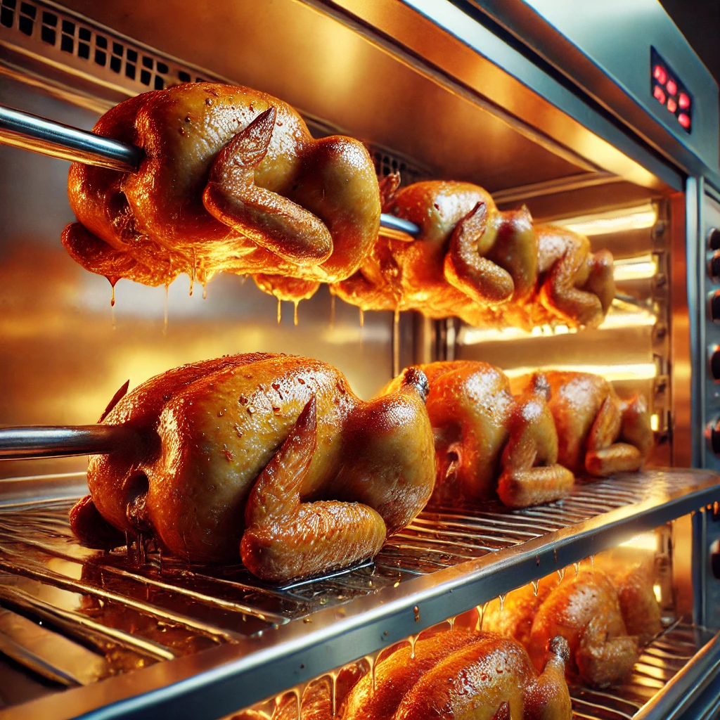 DALL·E 2024-12-08 11.40.35 - A slightly zoomed-out yet highly realistic view of juicy rotisserie chickens roasting on a rotisserie oven. The chickens are golden-brown, their skin